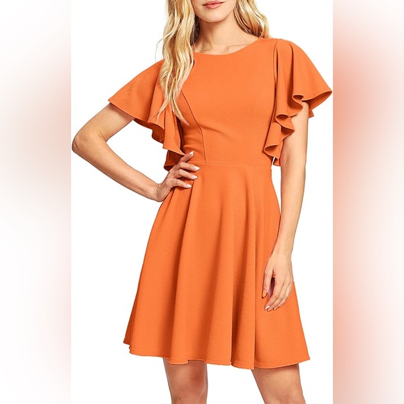 ROMWE Dresses & Skirts - ROMWE Women's Stretchy A Line Swing Flared Orange Dress